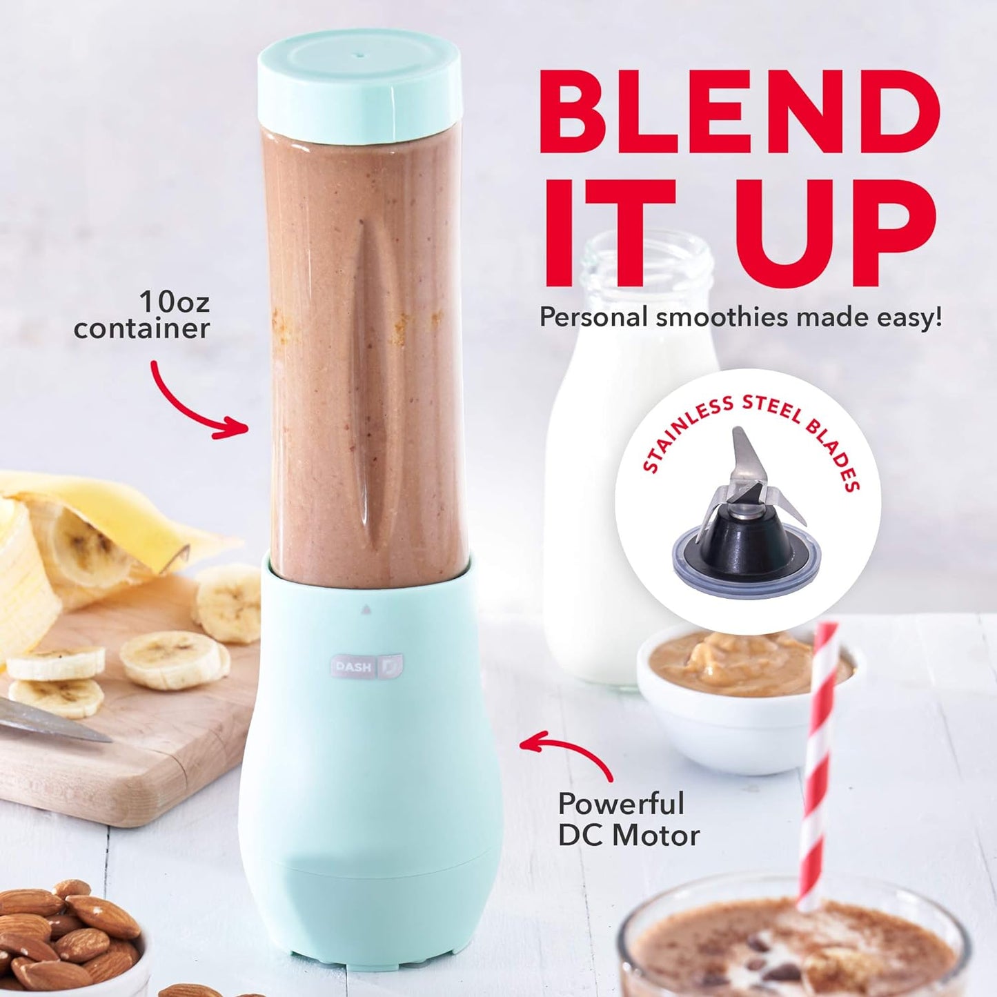 Mighty Mini Blender, Personal Countertop Blender for Milkshake, Fruit Vegetables Drinks, Smoothie, Portable Juicer with Stainless Steel Blades and 10Oz Travel Tritan™ Blending Bottle - Aqua